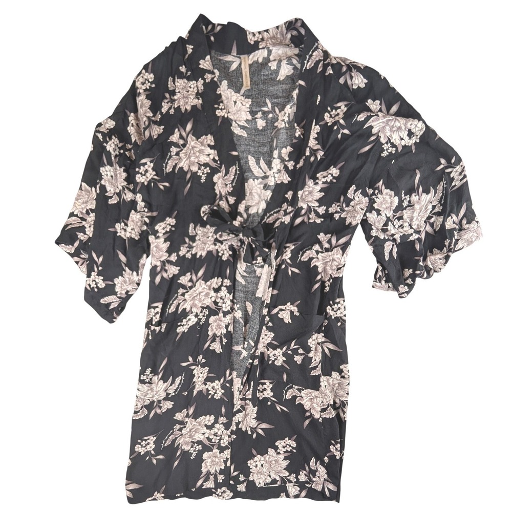 Spiritual Gangster‎ Floral Kimono Robe Black White Rayon Tie Waist One Size OS